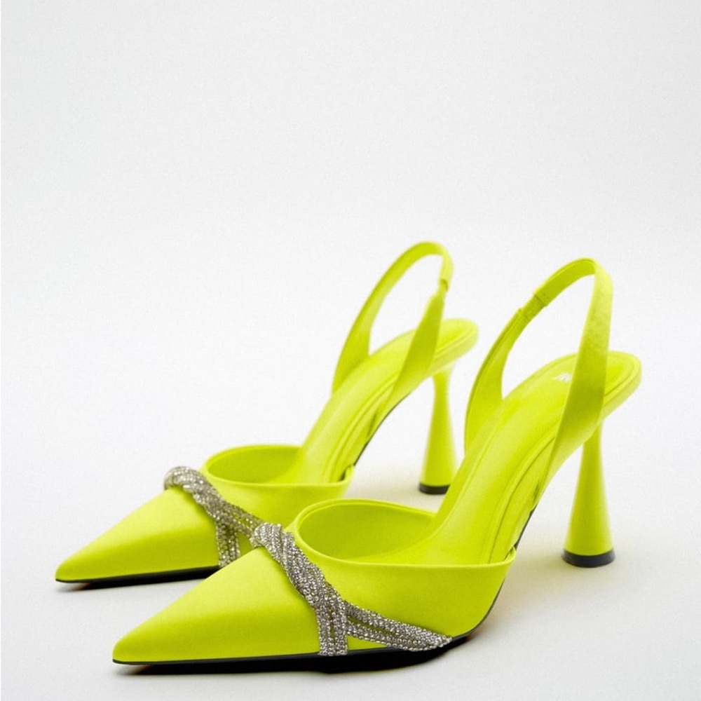 Zara Neon Lime Pointed Slingback Heels with Crystal Strap